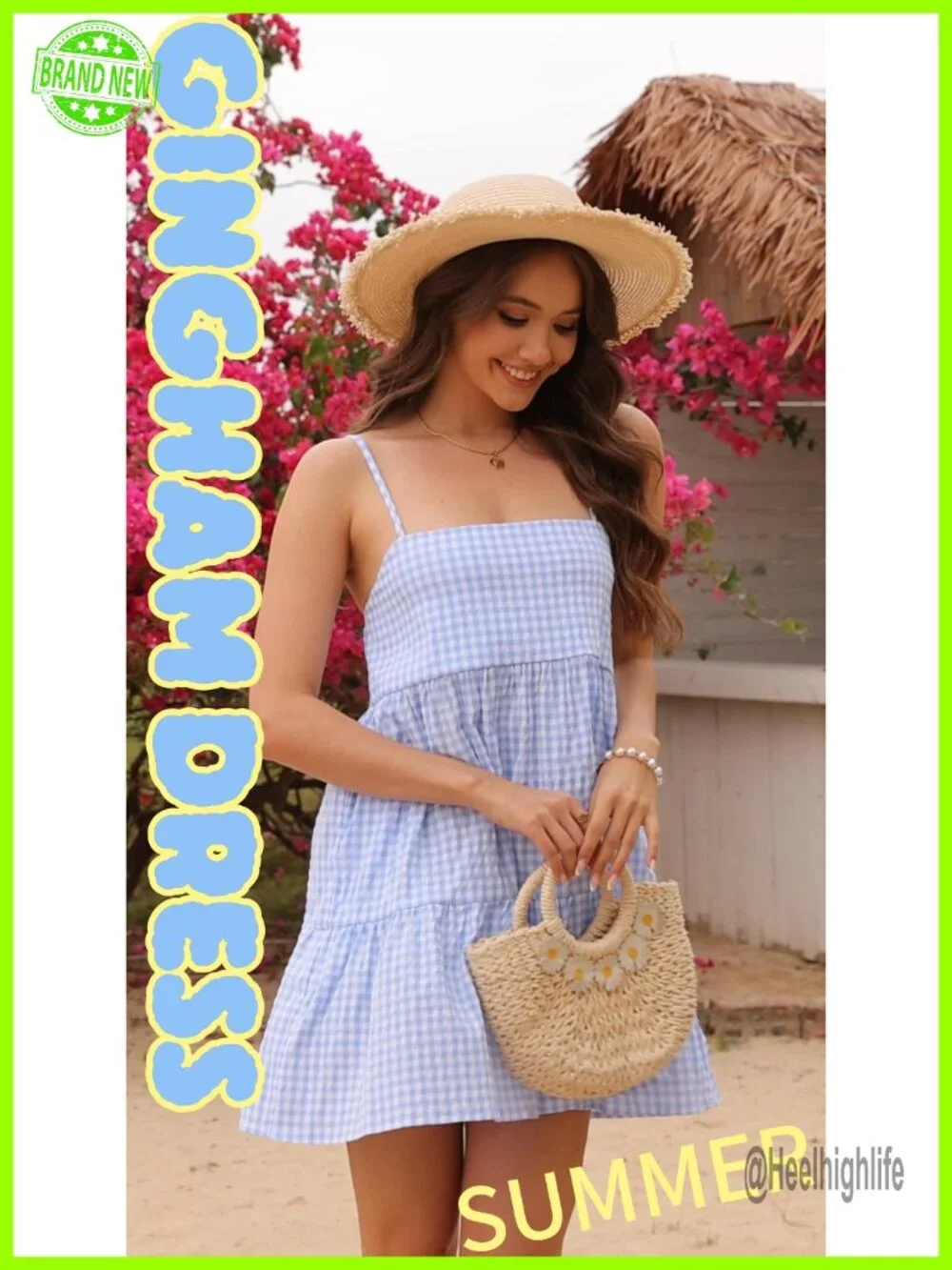 Gingham Mini Dress, Spaghetti Strap Flowy A-Line Sleeveless Sundress with